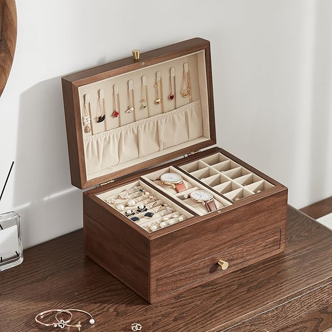 Wooden Jewelry Box for Women, 3 Level Multi-functional Drawers Black Walnut Jewelry Organizer Box, Watch, Necklace, Ring, Earring Storage - Gifts (No Mirror)