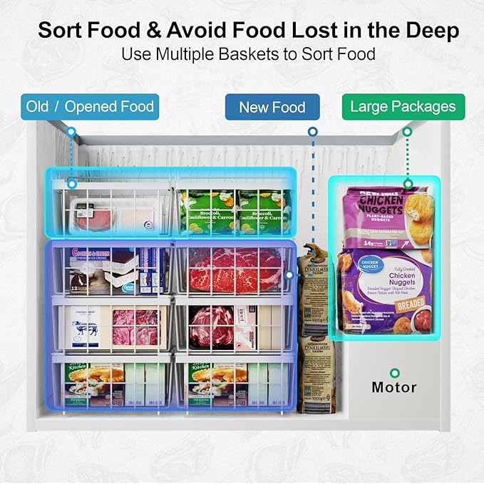 iSPECLE Chest Freezer Organizer - Fit 10 to 20 Cu.FT Freezer, 3 Pack Large Expandable Stackable Deep Freezer Organizer Bins Sort Frozen Food and Easily Get with Handle, Improve Air Circulation,White