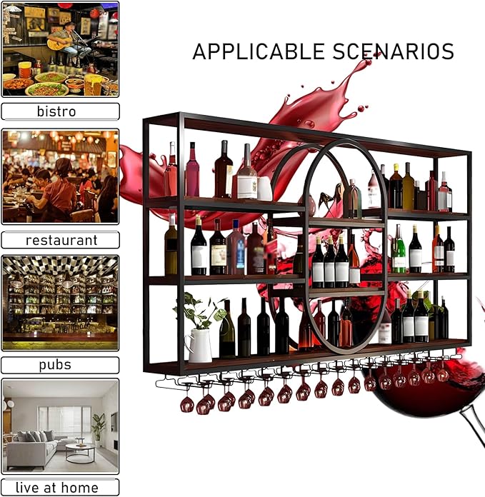 Large Wall Mount Wine Rack, Metal 4 Tier Large Capacity Hanging Bar Rack with Wine Glass Holder, Oval Wine Bottle Storage Display Rack for Kitchen, Living Room, Home (H, 71in)