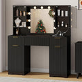 ONME 47.2" Fluted Vanity Desk with Mirror and Lights, Big Vanity with 5 Large Drawers and Adjustable Shelves, Makeup Vanity Table with Glass Top and Charging Station for Women and Girls Bedroom