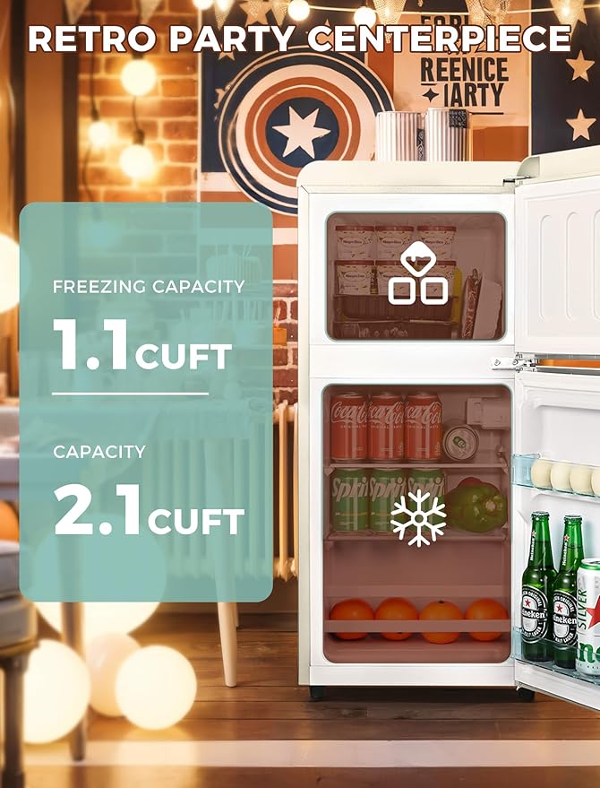 Fridge with Freezer, 3.2 Cu.Ft Retro Double Door Refrigerator with 7 Level Thermostat, Adjustable Removable Glass Shelves for Bedroom Office Apartment Dorm Bar, White