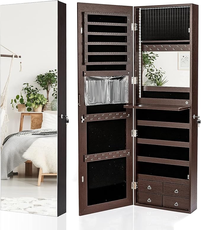 CHARMAID LED Strip Jewelry Armoire with 47.2" H Full Length Mirror, Wall Door Mounted Jewelry Organizer Cabinet with Built-in Mirror, Flip-over Cosmetic Tray, 4 Drawers (Coffee)
