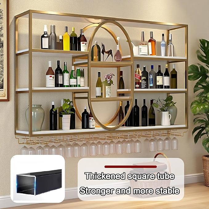 71IN Large Wall Mount Wine Rack, Metal 4 Tier Hanging Bottle Holder with Wine Glass Storage Racks, Modern Floating Wine Shelves for Home Bar Dining Room Decoration (Gold)