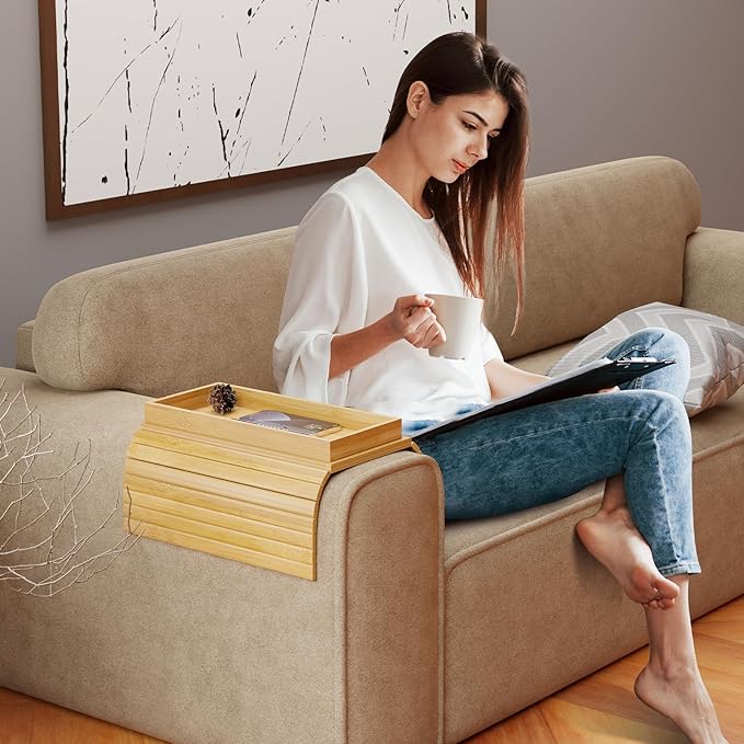 Bamboo Sofa Arm Rest Tray Table for Couch - 2-in-1 Couch Arm Table with Be Slide Detachable Tray - Anti-Slip Foldable Sofa Armchair Caddy for Drinks Cup Cellphone TV Remote Snacks (Bamboo)
