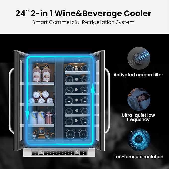 Whynter 24 Inch Dual Zone Wine and Beverage Refrigerator 20 Bottles 60 Cans Wine Fridge with Glass Door Wine Cooler Built-in Under Counter French Door 3 LED for Home Bar Luxury Series(4.1 cu.ft)