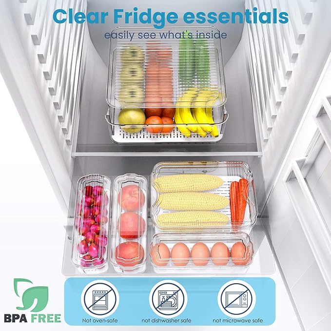 8 Pack Refrigerator Organizers, Clear Pull-out Drawer Container and Organizer Bins with Lids, Stackable Storage Containers for Fruits, Vegetable (Set of 6 (Include Pull-out Drawer))