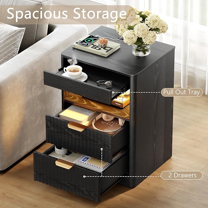 REAHOME Fluted Nightstand Set of 2 with Charging Station, Modern LED Night Stand with 2 Drawers and Pull Out Tray, Wood Bedside Table, End Side Table with Open Shelf for Bedroom,Black