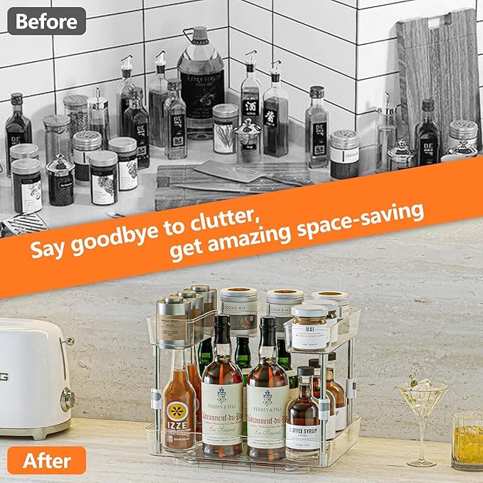 2 Tier Lazy Susan Organizer with 4 Hooks, 15" 2-Tier Lazy Susan Turntable for Cabinet, Counter Organizer Tray for Kitchen, Bathroom
