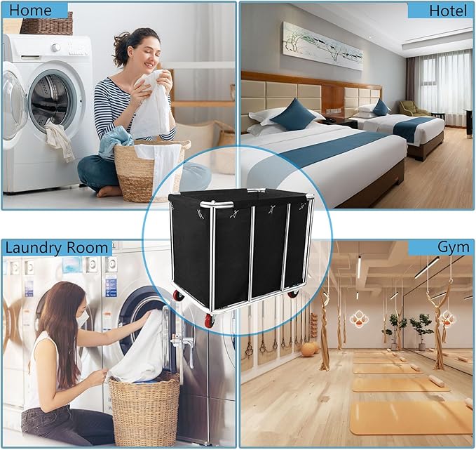Large Laundry Cart with Wheels,Commercial Stainless Steel Heavy Duty Service Cart Laundry Hamper for Hotel/Home/School/Resort