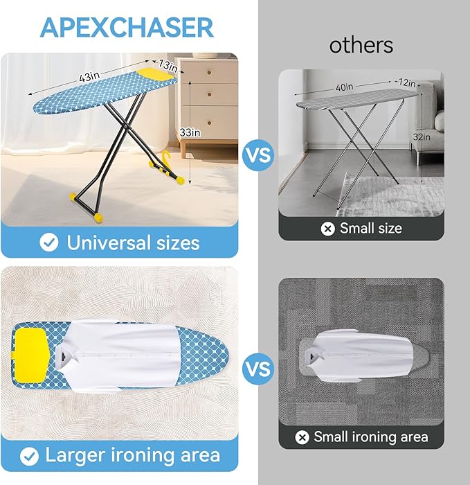APEXCHASER Ironing Board with Iron Rest, Compact and Space Saver Iron Board, Extra Thick Cover, Height Adjustable, Wall Mount & Closet Hanger 13x43 Yellow