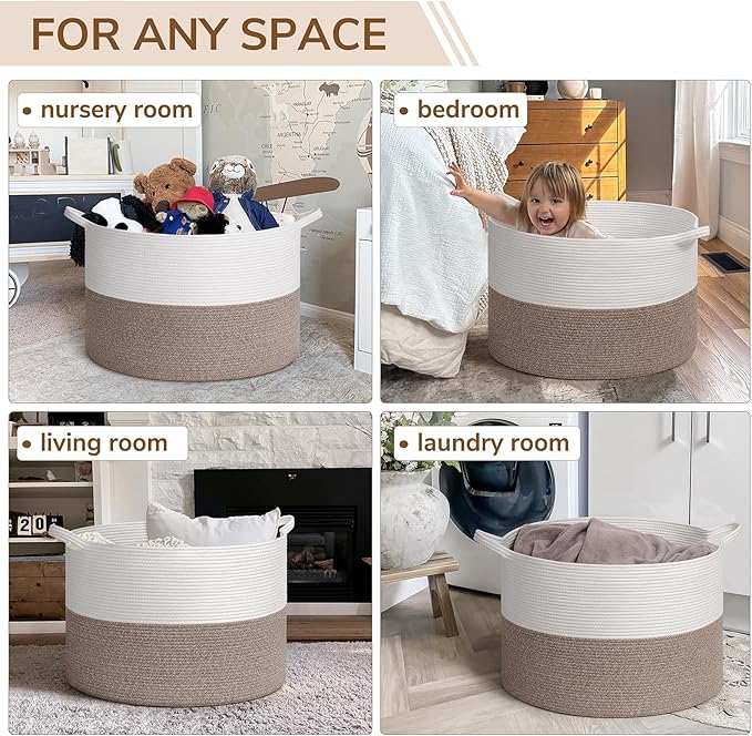 INDRESSME 115L Extra Large Blanket Basket, Soft Cotton Rope Storage Basket for Organizing, Home Decor, Toys, Laundry & Towels, Toy Storage Organizer for Living Room & Nursery, White & Brown