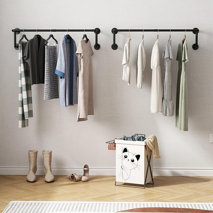 Industrial Pipe Clothes Racks 2 Pack, Black Pipe Wall Mounted Clothing Racks for Hanging Clothes, Space Saving Closet Hanging Rod for Laundry Room, Bedroom