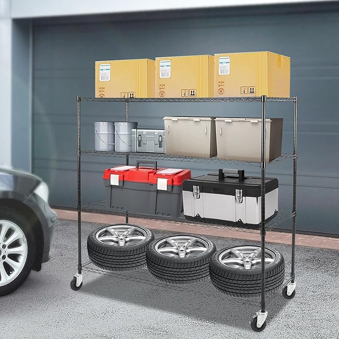 Bepritm 4-Tier Wire Shelving, Heavy Duty Metal Garage Shelving with Wheels, Storage Shelves Load Capacity 120LBS for Warehouse, Pantry (60" W x 24" D x 54" H)