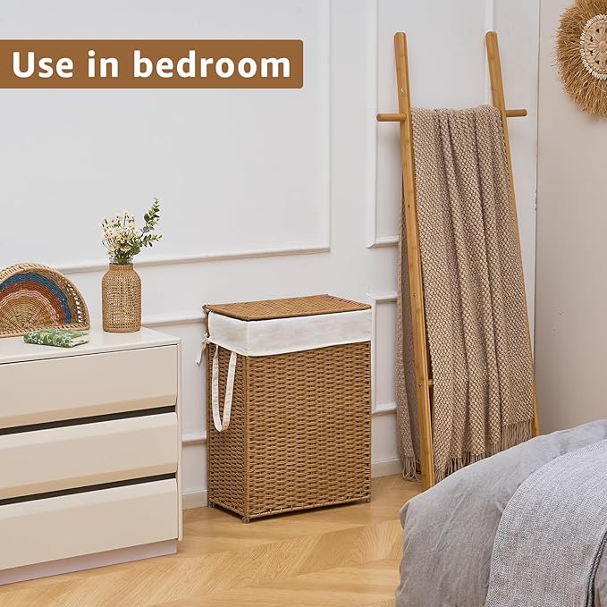Slim Wicker Laundry Hamper with Lid, 55L Handwoven Rattan Basket with Handles, Narrow Laundry Basket with Removable Liner Bag & 2 Mesh Bags