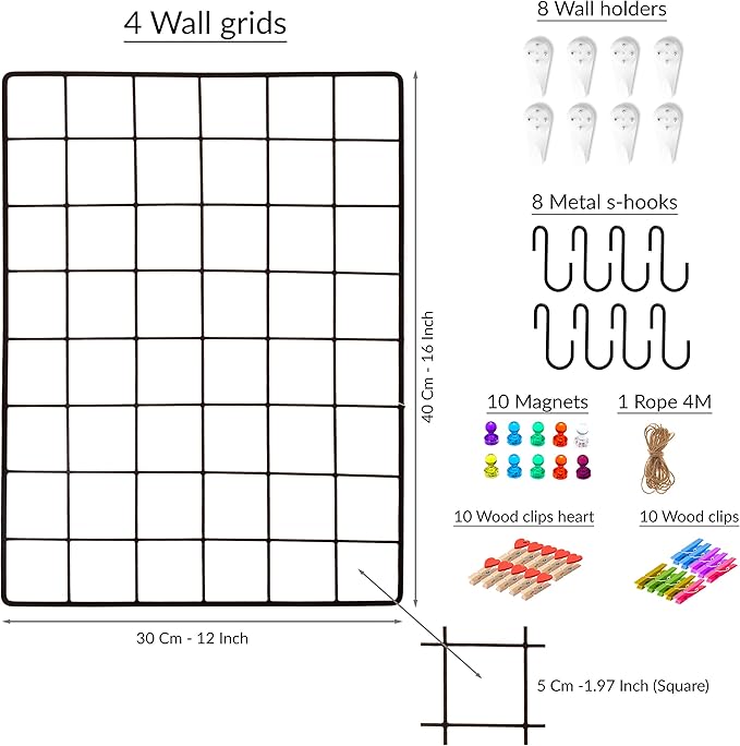 ODOXIA 4-Pack Wire Wall Grid Panel | Photo Grid Wall Decor | Metal Board for Hanging Pictures | Black Wire Organizer for Home, Office & Kitchen | Panel for Display & Storage