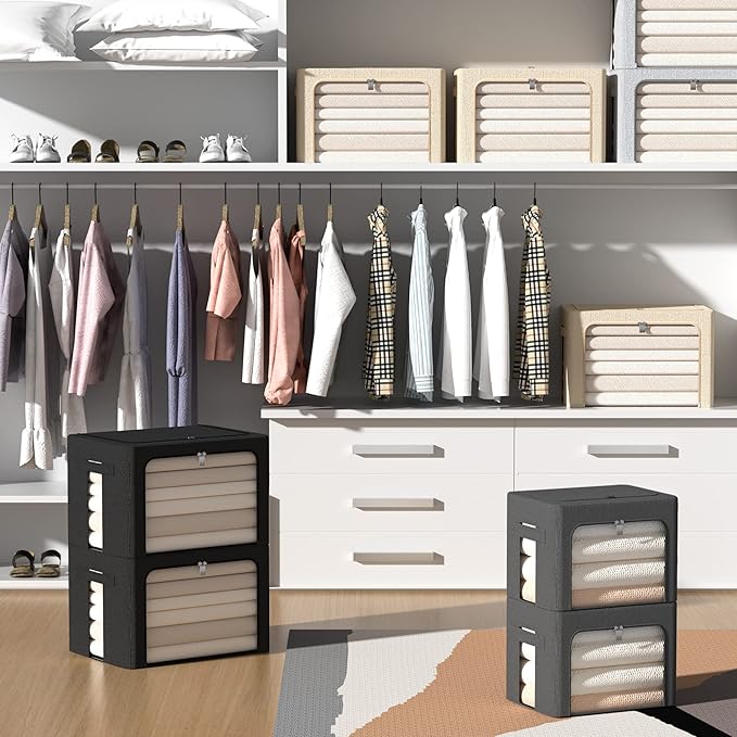 FHSQX Extra Large Clothes Storage Bins Foldable Metal Frame Storage Box Stackable Linen Fabric Box Organizer Set with Carrying Handles and Clear Window -100L (Gray, 23.6x 16.5x 15.7 Inch)