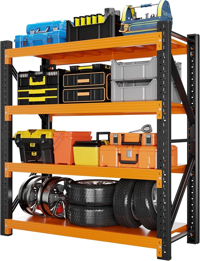 5000LBS Garage Shelving 59" W Garage Shelving Heavy Duty 4-Tier Metal Storage Shelves Adjustable Shelf Unit Storage Rack for Basement Supermarket Warehouse 59" W x 20" D x 78" H Black-Orange