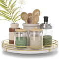 10" Wooden Lazy Susan Turntable for Cabinet – Rotating Spice Rack Organizer, Small Kitchen Countertop Tray for Dining Table & Pantry Storage (White & Gold)