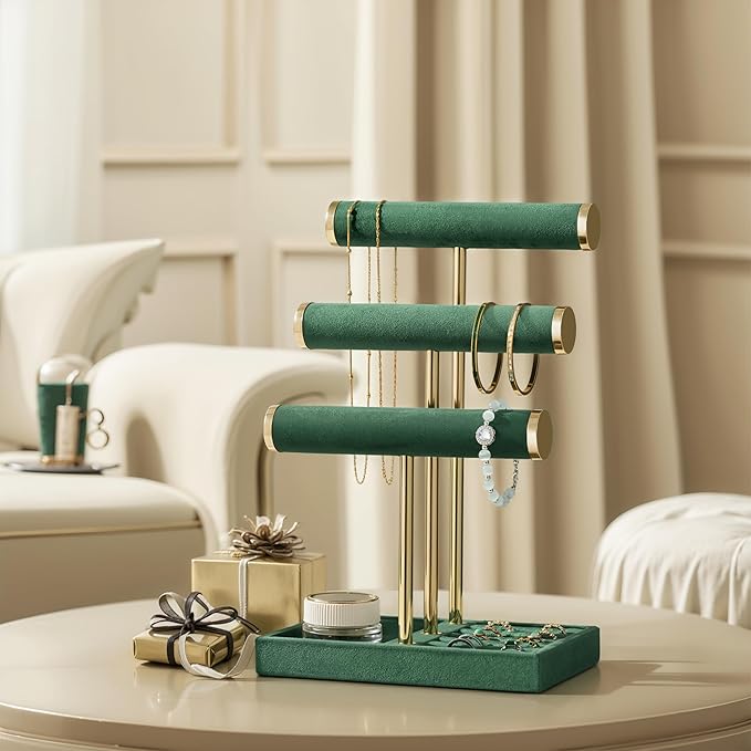 3 Tier Bracelet Holder Display - Detachable T Bar Dark Green Velvet Bracelet Holder, Jewelry Holder Organizer for Bracelet, Necklace, Watches, Rings