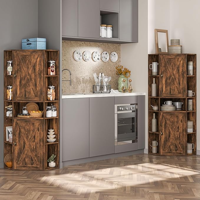Farmhouse Corner Cabinet, Tall Corner Storage Cabinet with Barn Doors and Adjustable Shelves Wooden Display Bookshelf Pantry Cabinets Organizer Home Furniture for Bathroom, Living Room