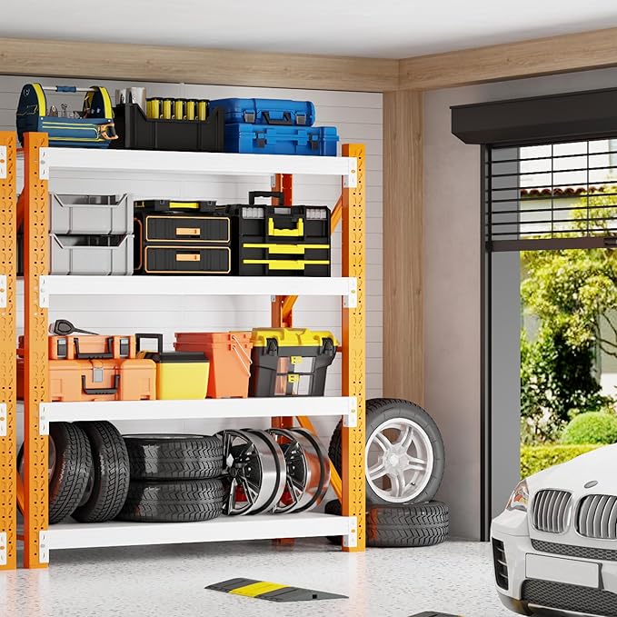 3000LBS Garage Shelving 42" W Garage Shelving Heavy Duty 4-Tier Metal Storage Shelves Adjustable Shelf Unit Storage Rack for Basement Supermarket Warehouse 42" W x 20" D x 78" H Orange-White