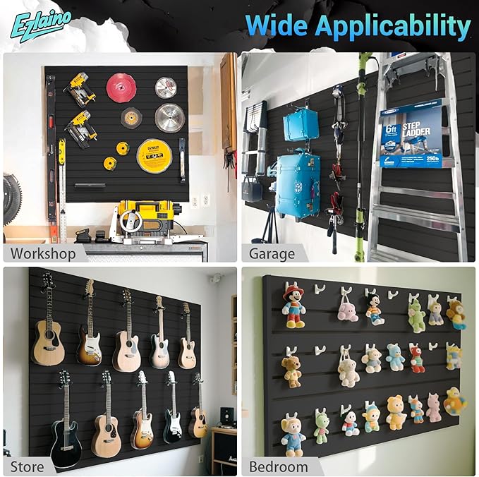 Ezlaino Slat Wall 4FT x 8FT, Versatile PVC Slatwall Paneling w/Long-Lasting Durability, Easy to Clean, Fits Most Slatwall Accessories, Ideal Organizer for Garage, Home & Store Storage, Black