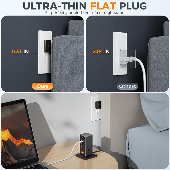 USB Charging Station for Multiple Devices 10Ft Cord, TESSAN 9-in-1 USB C Charger Block PD 65W for iPhone 17/16, MacBook, Tablet, Type C Desktop Charger with 3 AC, Home Travel Office Accessories