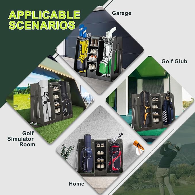 Golf Bag Organizer Storage Rack Large Wooden for 2 Bags, Golf Club Stand Holder with Drawer, Sports Equipment Rack for Garage, Practice Room, Home or Office