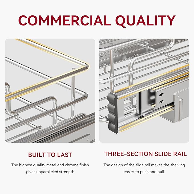 Under Sink Organizer 2 Packs, Pull Out Cabinet Organizer 2 Tier, Under Sink Slide Out Organizer Chrome Plated, Under Kitchen Bathroom Sink Organizer, Pantry Cabinet Closet Organization Rack, 9"W X19"D