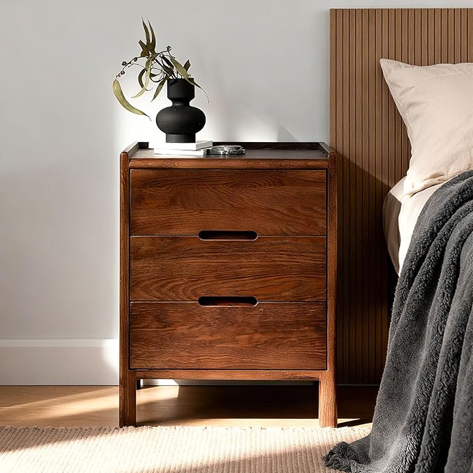 Nightstand, Solid Wood Small End Table w/3 Drawers, Modern Bedside Tables, Mid Century Night Stand, Bed Side Table, 15.75" W x 13.78" D x 21.65" H (Walnut)