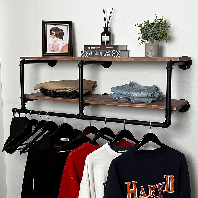 Industrial Pipe Clothing Rack with Top Shelf, Space-Saving Wall Mounted Clothes Rack 2 Tiers, Shelf with Hanging Rod for Closet Storage, Laundry Room. (2Tier, Brown)