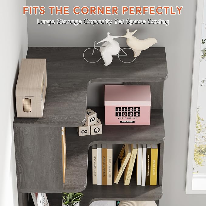 Tribesigns 6-Tier Corner Bookshelf, 64.9 Inches Tall Corner Bookcase with Anti-Drop Panel, Modern Freestanding Shelf Display Rack Storage Organizer for Home Office, Living Room, Grey