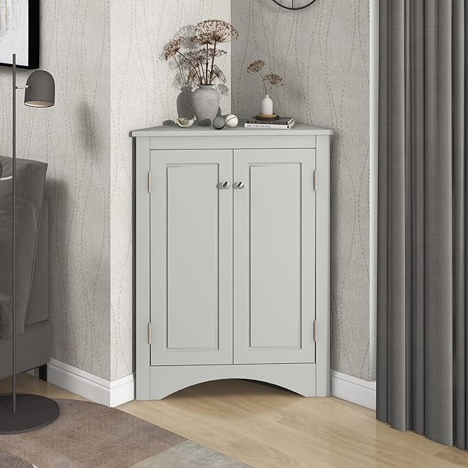GDFStudio 31.5" H Triangle Corner Bathroom Storage Cabinet with Adjustable Shelves,Freestanding Floor Cabinet for Small Spaces,Water-Resistant Cabinet Modern Organizer for Home,Kitchen,Hallway, Grey