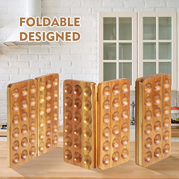 Egg Basket for Chicken Owners Egg Holder Countertop for Parents with Kids Suitable for Kitchen Counter Foldable Acacia Wood Egg Storage Stacks 36 Eggs, Egg Tray Save Counter Space for Fresh Eggs