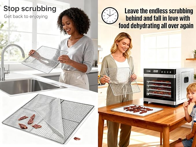 Non-Stick Silicone Dehydrator Liners: 11.4x11.4 inch Fit Cercker/CE-12 Fendia/FDS-10 BPA-Free Easy Clean Reusable Mesh Sheets for Healthy Snacks 12-Pack