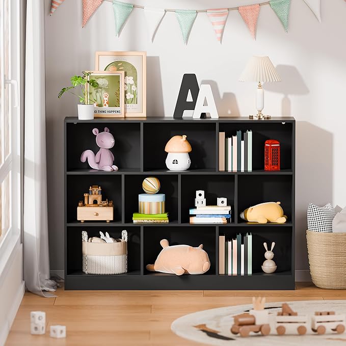 Cozy Castle Black Bookshelf, 3-Tier Open Shelf Bookcase, 10 Cube Storage Organizer with Anti-Tilt Device, Freestanding Horizontal Bookshelf Cube Shelf for Bedroom, Living Room, Office