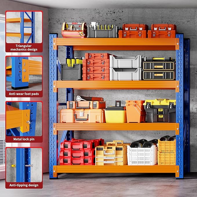 5000LBS Heavy Duty Garage Shelving 59" W Garage Storage Shelves 4-Tier Metal Adjustable Shelf Unit Storage Rack for Basement Supermarket Warehouse 59" W x 24" D x 78" H Blue-Orange
