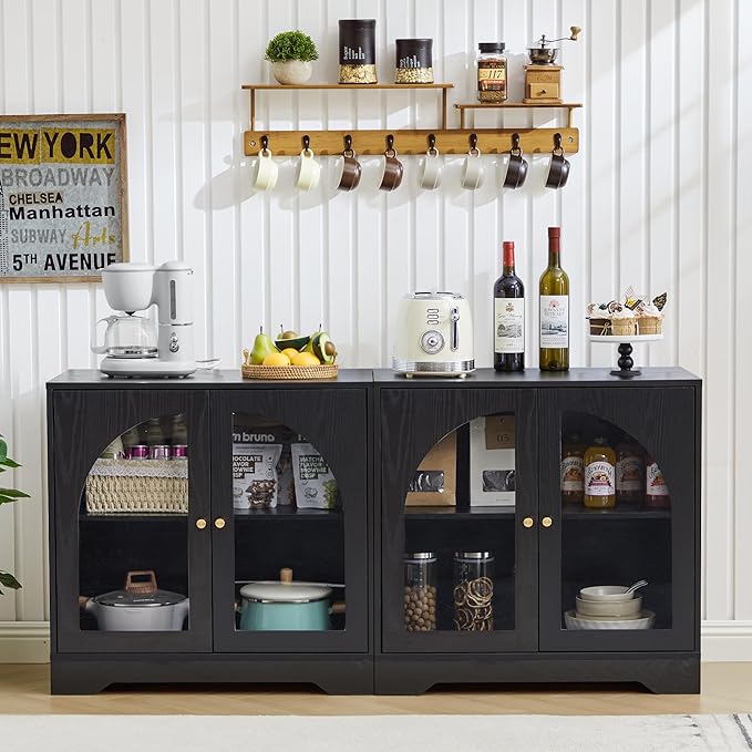 Mid-Century Modern Storage Cabinet with Door, 27" Short Floor Wood Sideboard Buffet Cabinet with Display Arched Acrylic Door & Adjustable Shelve for Bathroom, Living Room, Coofee Bar (Black)