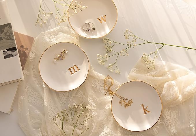 COLLECTIVE HOME - Ceramic Jewelry Tray, Decorative Trinket Dish for Rings Earrings Necklaces Bracelet Watch Keys, Birthday Mother's Day Christmas Gift for Women, 4.75", White Surface (x)