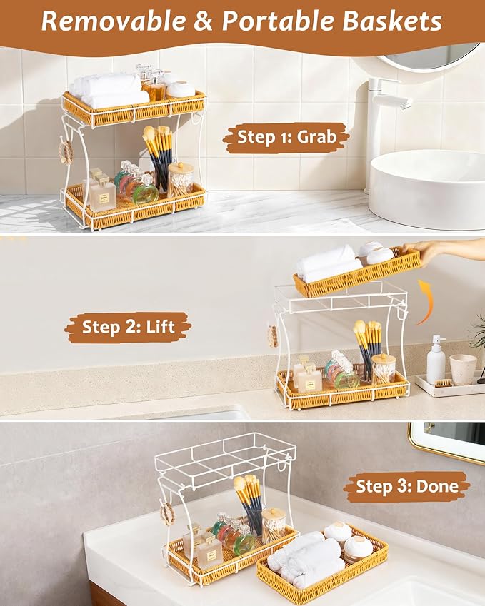 Bathroom Organizer Countertop Perfume Organizer Makeup Organizer Cosmetics Storage Display Rack Vanity Tray, Handwoven Imitation Rattan Tray Perfume Holder for Dresser, Kitchen, Counter (White)