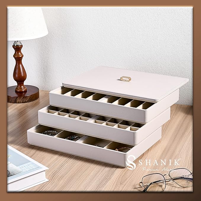 Shanik Stackable Jewelry Tray Organizers, 3 Pc. Set, Cute Designer Storage with Soft Velvet Surfaces to Protect Rings, Necklaces, Bands, and Earrings, Custom Display, Large Capacity, Grey
