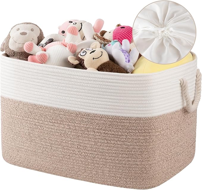 95L Extra Large Blanket Basket with Lid, 24" x 16.9" x 14.2" Woven Storage Basket for Living Room, Rectangle Nursery Blanket Storage for Toys, Towels, Dirty Clothes, Yellow & White