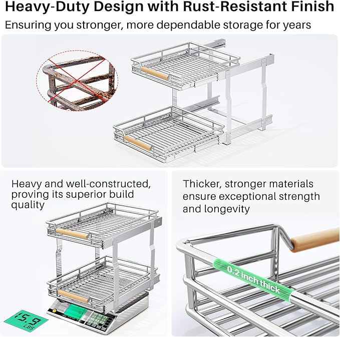 Pull out Cabinet Organizer, 2 Tiers 23"W X 21"D, Heavy Duty Smooth Sliding Under Cabinet Shelves for Pots and Pans, Full-Extension Roll out Drawers, Slide out Organization for Home Kitchen Pantry