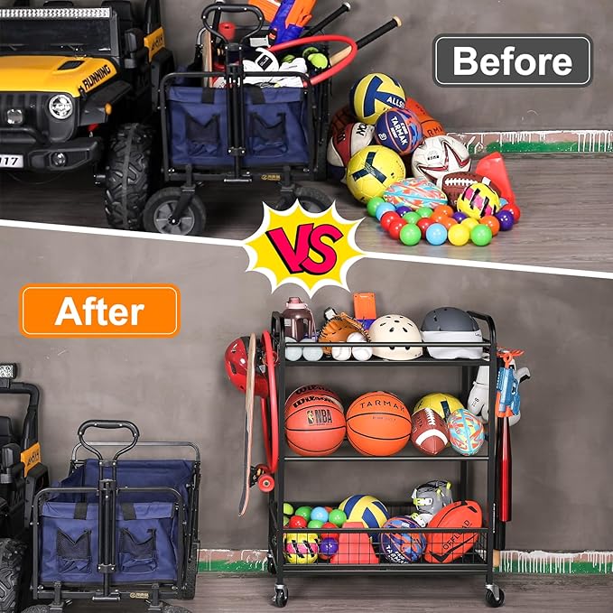 Ball Storage Sports Equipment Organizer - Garage Storage Cart Rolling Ball Storage Rack with Hooks Wheels Outdoor Indoor Gym Gear Toy Holder Bin for Basketball, Baseball, Soccer
