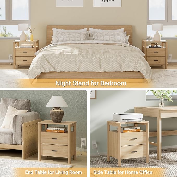 Night Stand Set of 2 with Charging Station, 20" Large Modern Side Table with Solid Round Post Legs, 2 Drawers End Table with Open Shelf, Nightstand for Bedroom, Natural Oak