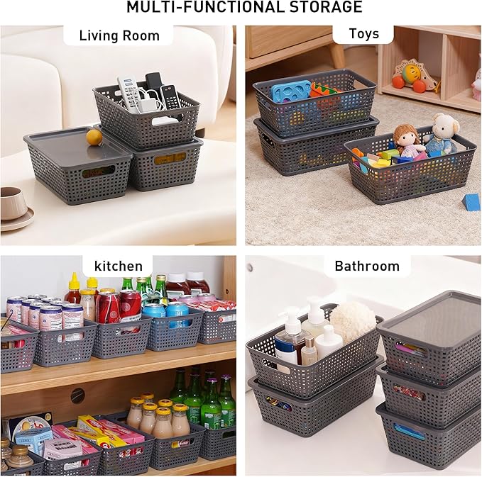 Plastic Storage Baskets With Lid, Storage Bins for Organizing, Stackable Decorative Containers for Shelves Drawers Desktop Closet Playroom Classroom Office, 6 Pack-Grey