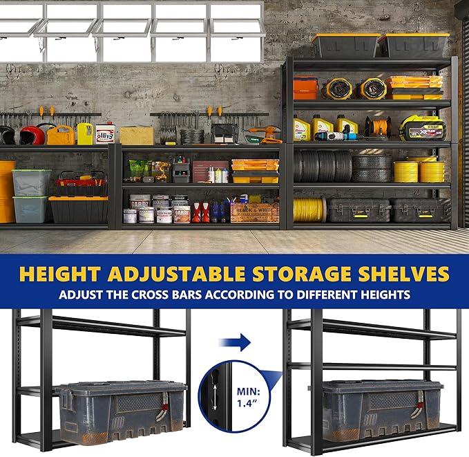 REIBII 48" W Garage Shelving 2500LBS Storage Shelves 5 Tier Heavy Duty Shelving Adjustable Garage Shelves for Warehouse, Pantry, Easy Assemble, 48.2''W X 72''H X18''D
