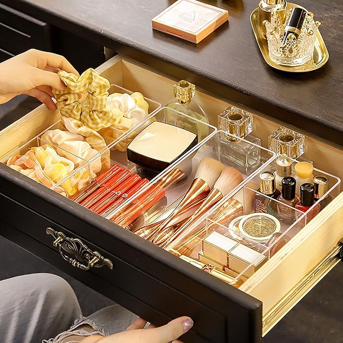 JessLab Acrylic Organizer, 2PK Cube Sections Makeup Organizer for Drawer, Makeup Organizer for Vanity, Countertop, Bathroom, Kitchen and Cabinet Storage(1+1 Compartment)