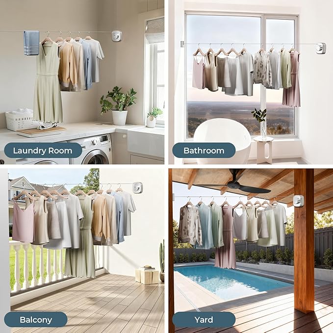 FORIOUS Retractable Clothesline Indoor, 13.8 Ft Non-Sagging Outdoor Clothes Line, Rustproof All Stainless Steel Heavy Duty Clothes Drying Laundry Line, Screw Wall Mounted for Bathroom, Chrome
