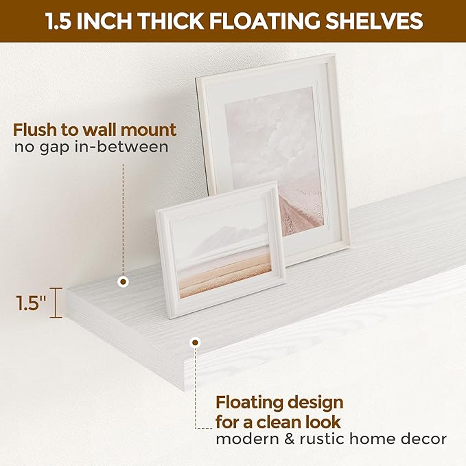 Fun Memories White Floating Shelves 48 Inch Long, Wood Wall Shelves 48x9.3x1.5, 9.3 Inch Deep Floating Shelf for Wall, Large White Shelves for Home Decor & Storage